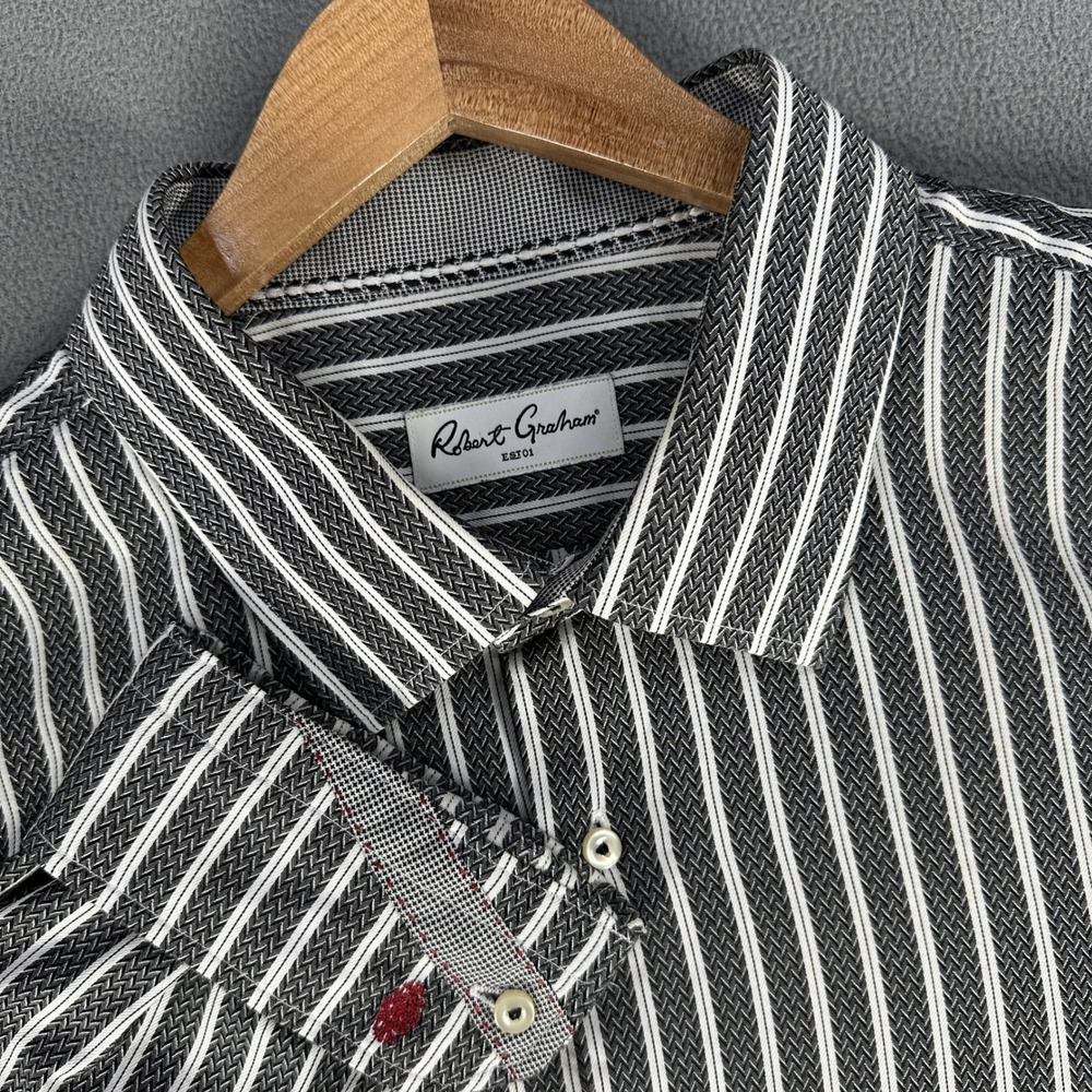 Robert Graham Shirt 19 Tall 2XL Grey White‎ Herringbone Stripe Flip Cuff Luxury